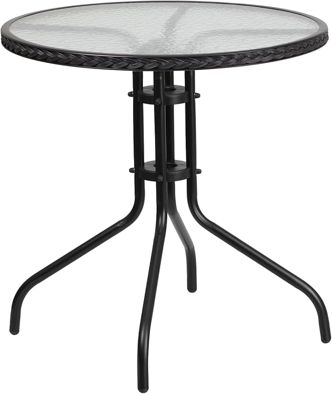 Barker 28'' Round Tempered Glass Metal Table with Dark Brown Rattan Edging