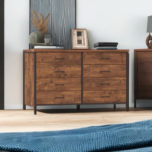 8 Drawer Double Dresser, 55 inch Industrial Wood Storage Dressers & Chests of Drawers