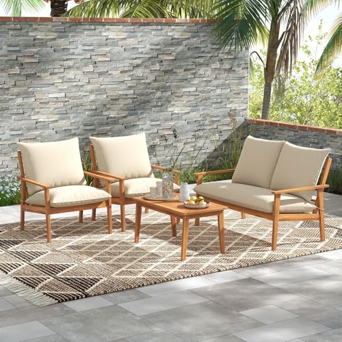 4 Pieces Patio Furniture Set, Outdoor Acacia Wood Conversation Set