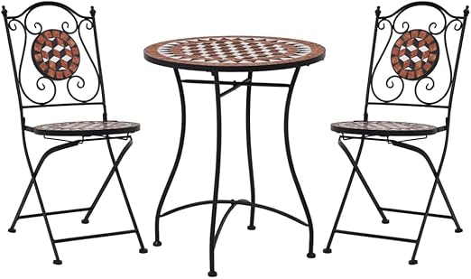 Mosaic Bistro Set 3-Piece Outdoor Patio Furniture - Terracotta Gray Orange Ceramic Tile