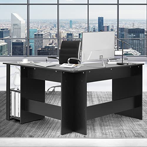 Shaped Computer Desk, Corner Desk for Small Space, Laptop Workstation with 2-Tier Open Shelf & 2 Cable Management Holes