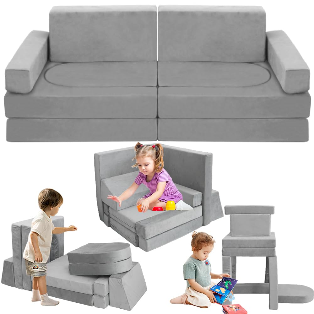Modular Kids Play Couch Convertible Building Fort Sofa and Cushion 10Pcs Child DIY Floor Sofa for Sleeping Playroom Bedroom for Boys and Girls (Light Gray)