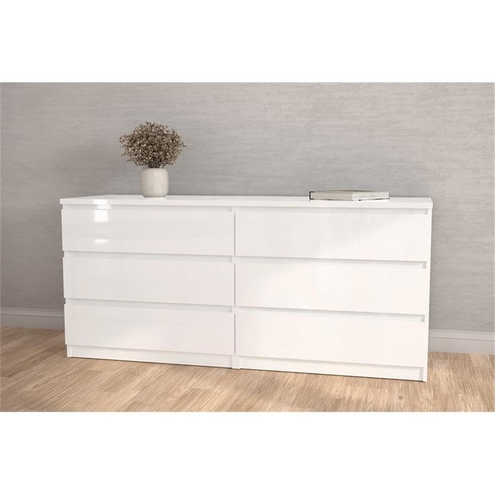 Modern Contemporary 6 Drawer Wide Double Bedroom Dresser in White High Gloss