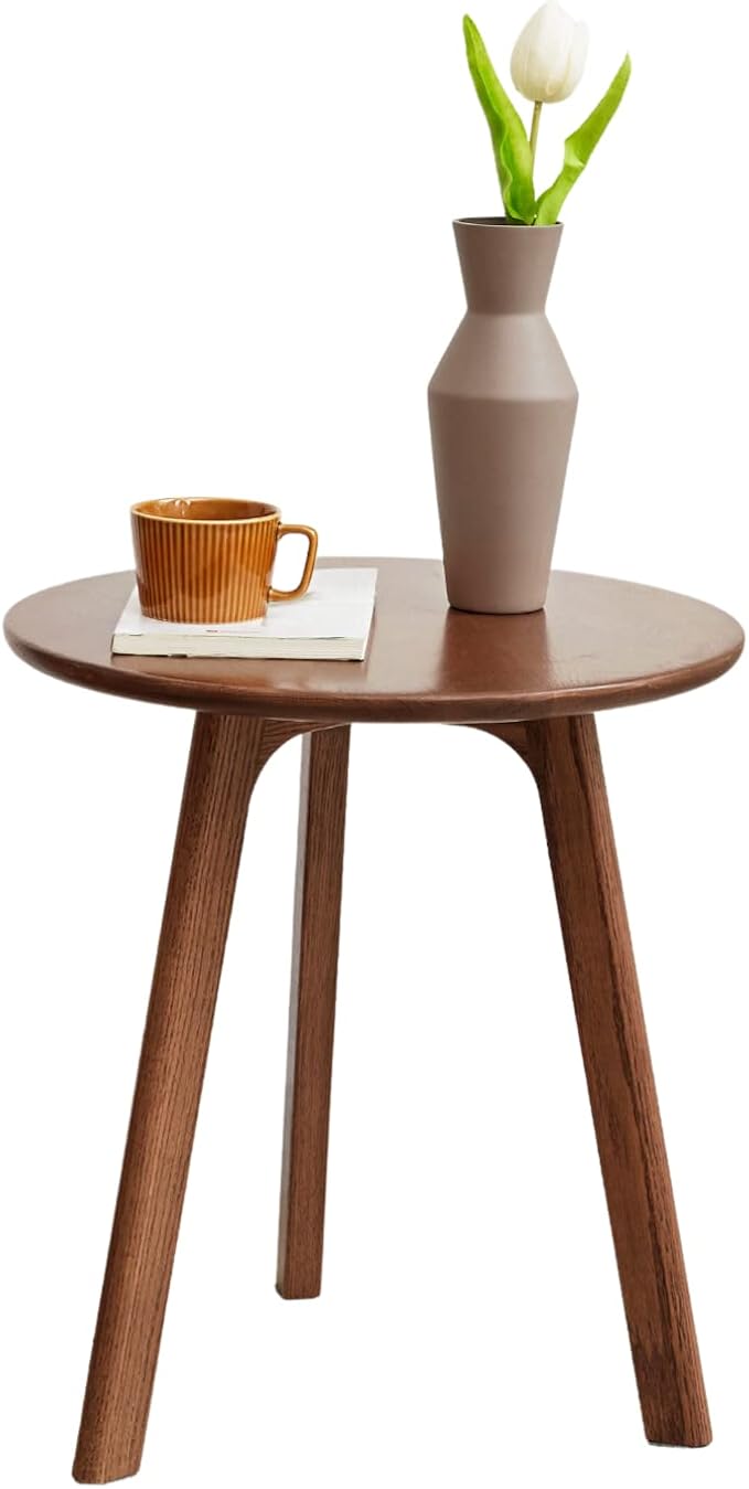 Round Side Table - 100% Natural Solid Oak Wood - 3 Legs Wood End Table for Living