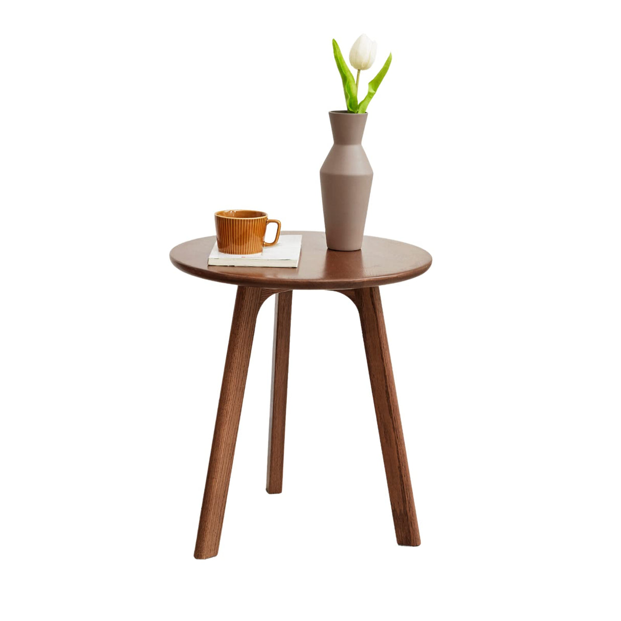 Round Side Table - 100% Natural Solid Oak Wood - 3 Legs Wood End Table for Living