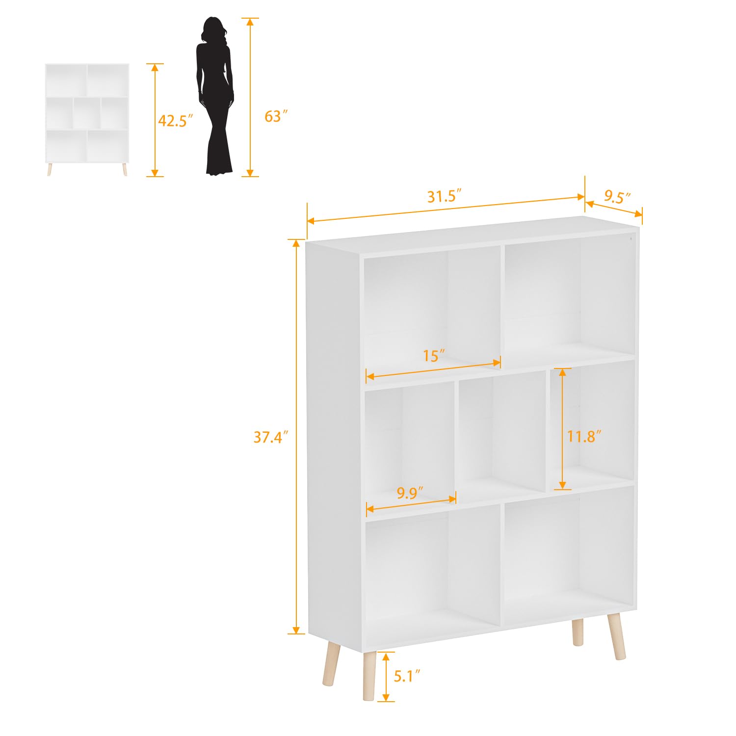 Cube Bookshelf, 3-Tier Floor Standing Display Cabinet Rack with Legs