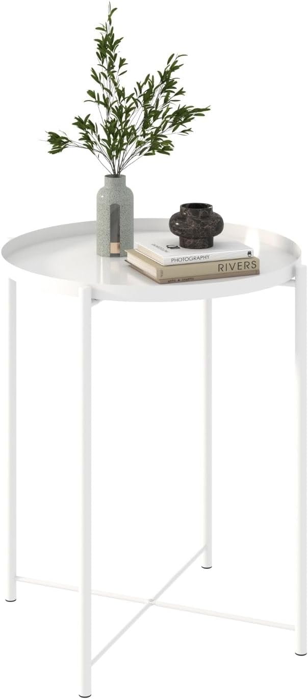 Round Small Side Table, Metal End Table with Removable Tray for Indoor Outdoor
