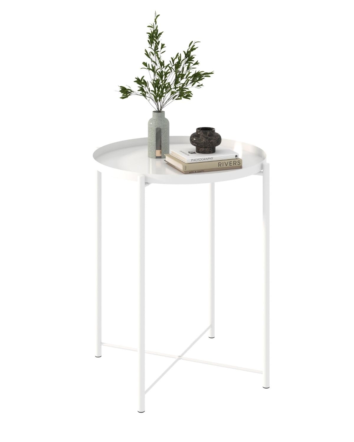 Round Small Side Table, Metal End Table with Removable Tray for Indoor Outdoor