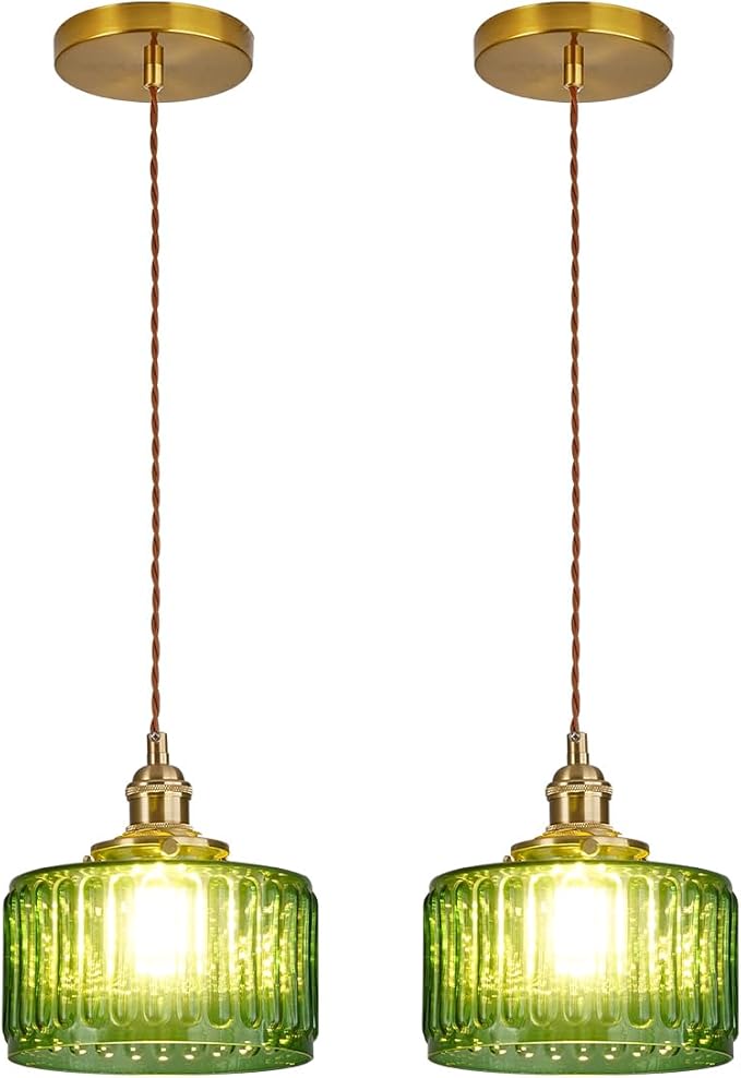 Green Pendant Light Fixtures Striped Glass One-Light Mid Century Ceiling Hanging Light S