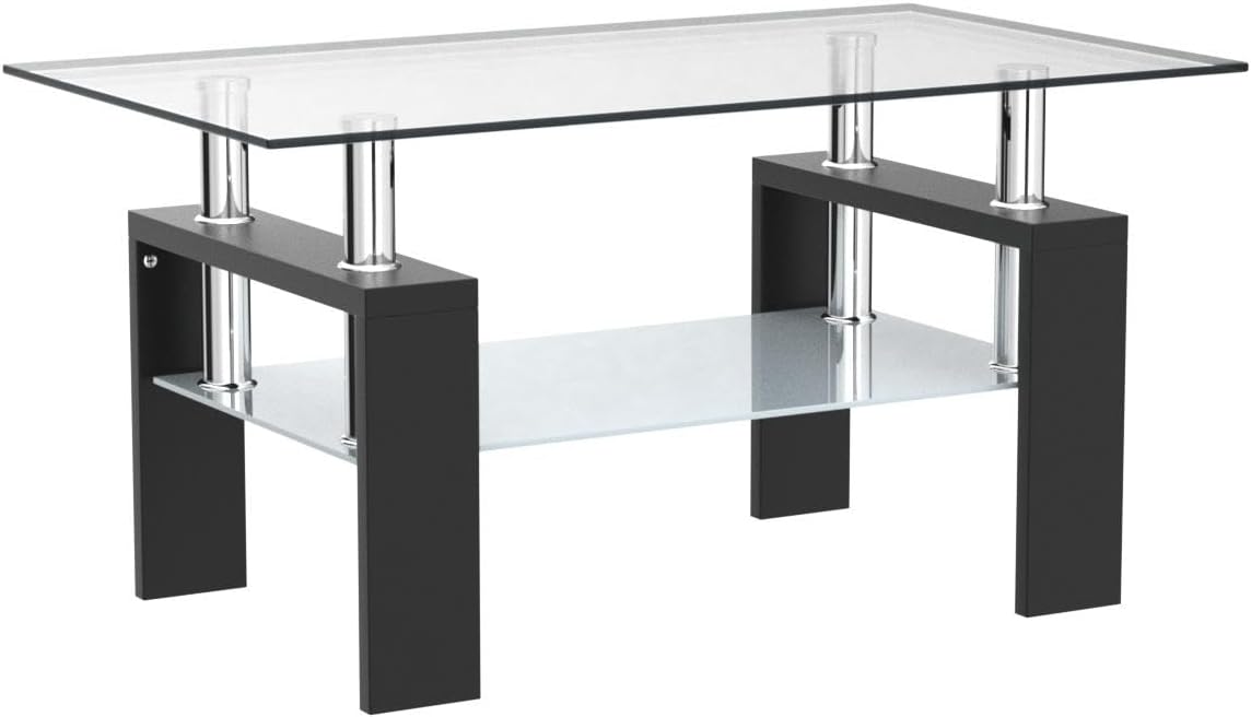 Living Room Glass Coffee Tables Modern Rectangle Center Side Table w/Storage Shelf