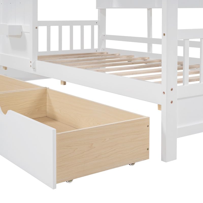 Twin Bed Frames with Storage, Twin Size House Bed with 2 Drawers and Side Shelves