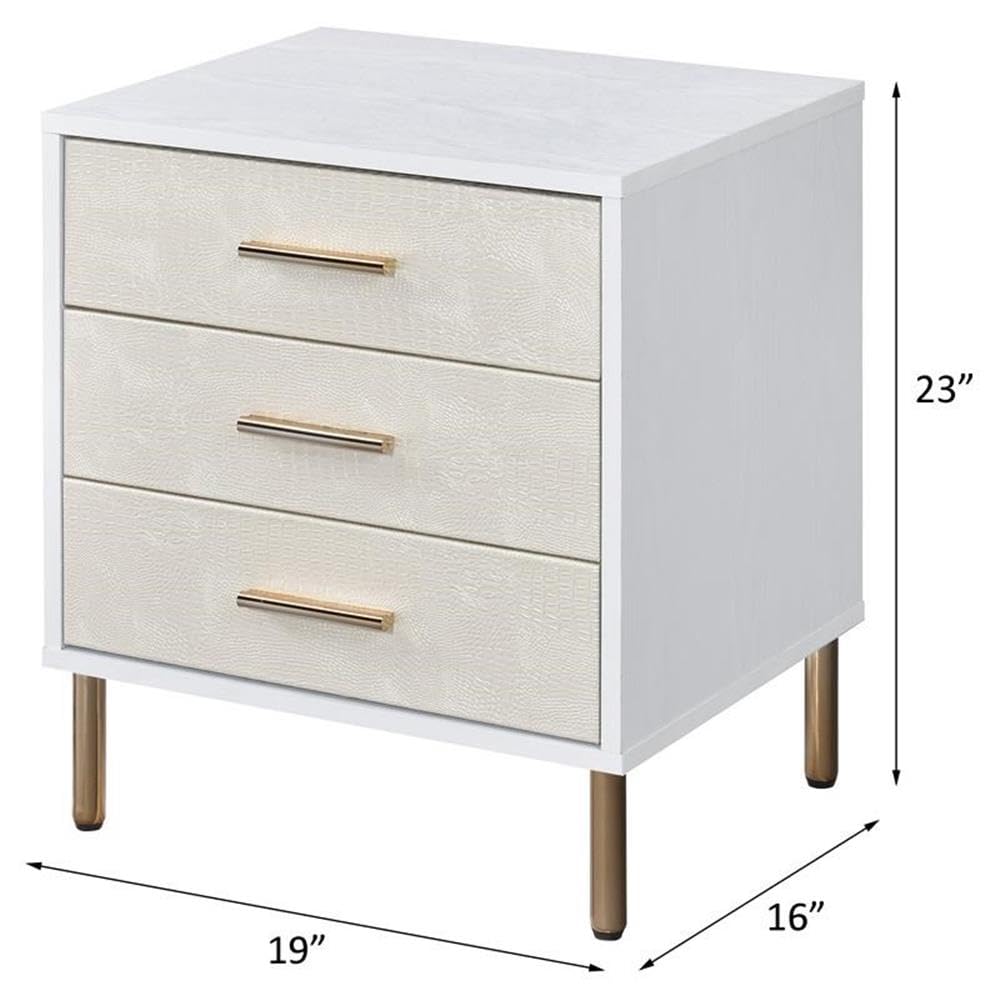 Wooden Storage Nightstand in White and Champagne and Gold
