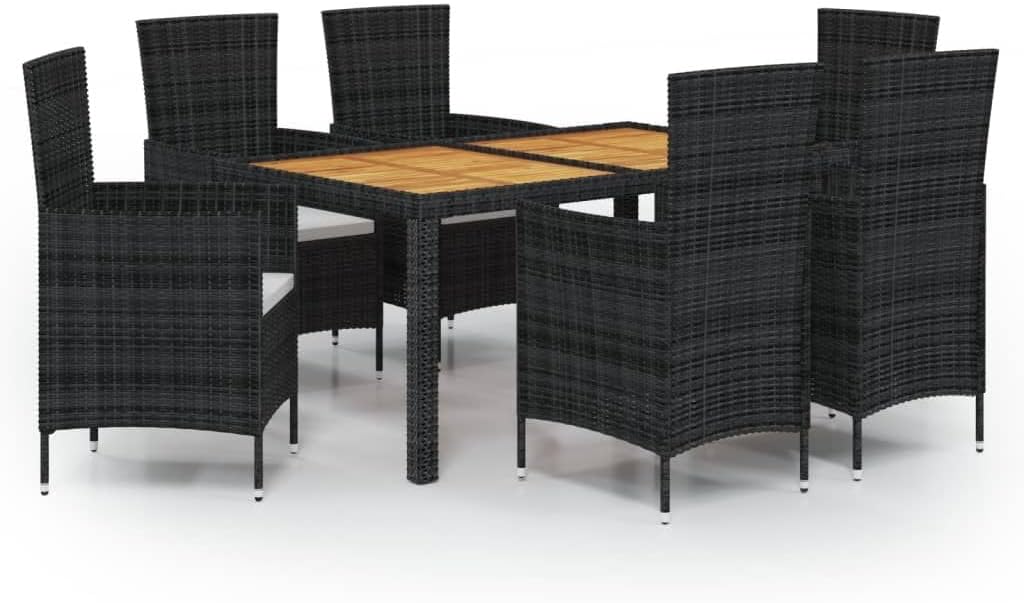 and Durable 7 Piece Patio Dining Set with Cushions, Black Rattan and Powder-Coated