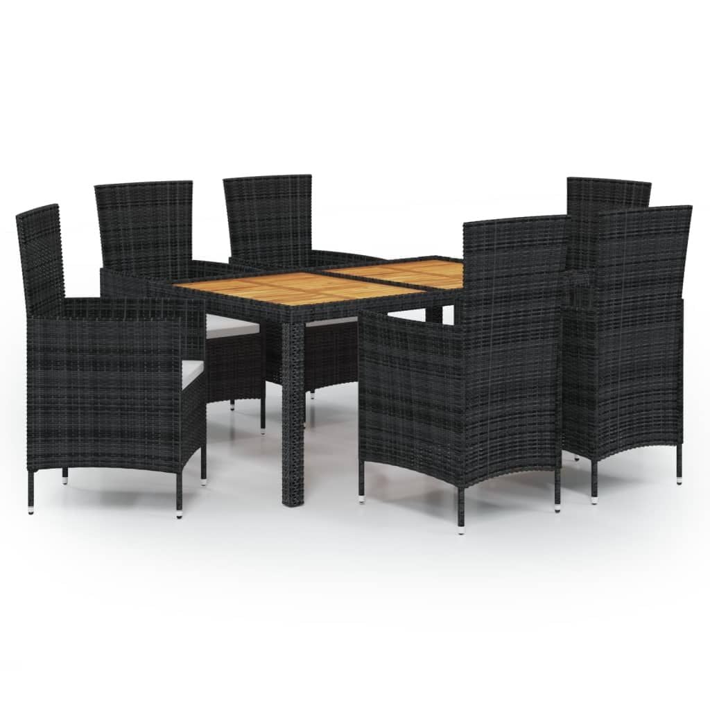 and Durable 7 Piece Patio Dining Set with Cushions, Black Rattan and Powder-Coated