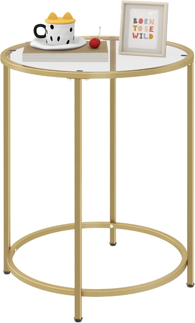 19.7’’ Round Glass End Table, Round Bedside Table with Tempered Glass Top