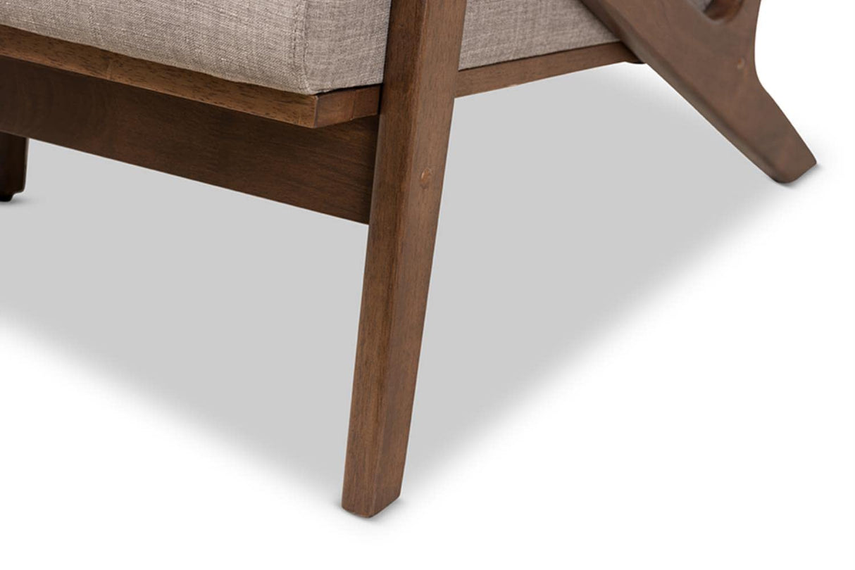 Bianca Mid-Century Modern Walnut Wood Light Grey Fabric Tufted Lounge Chair