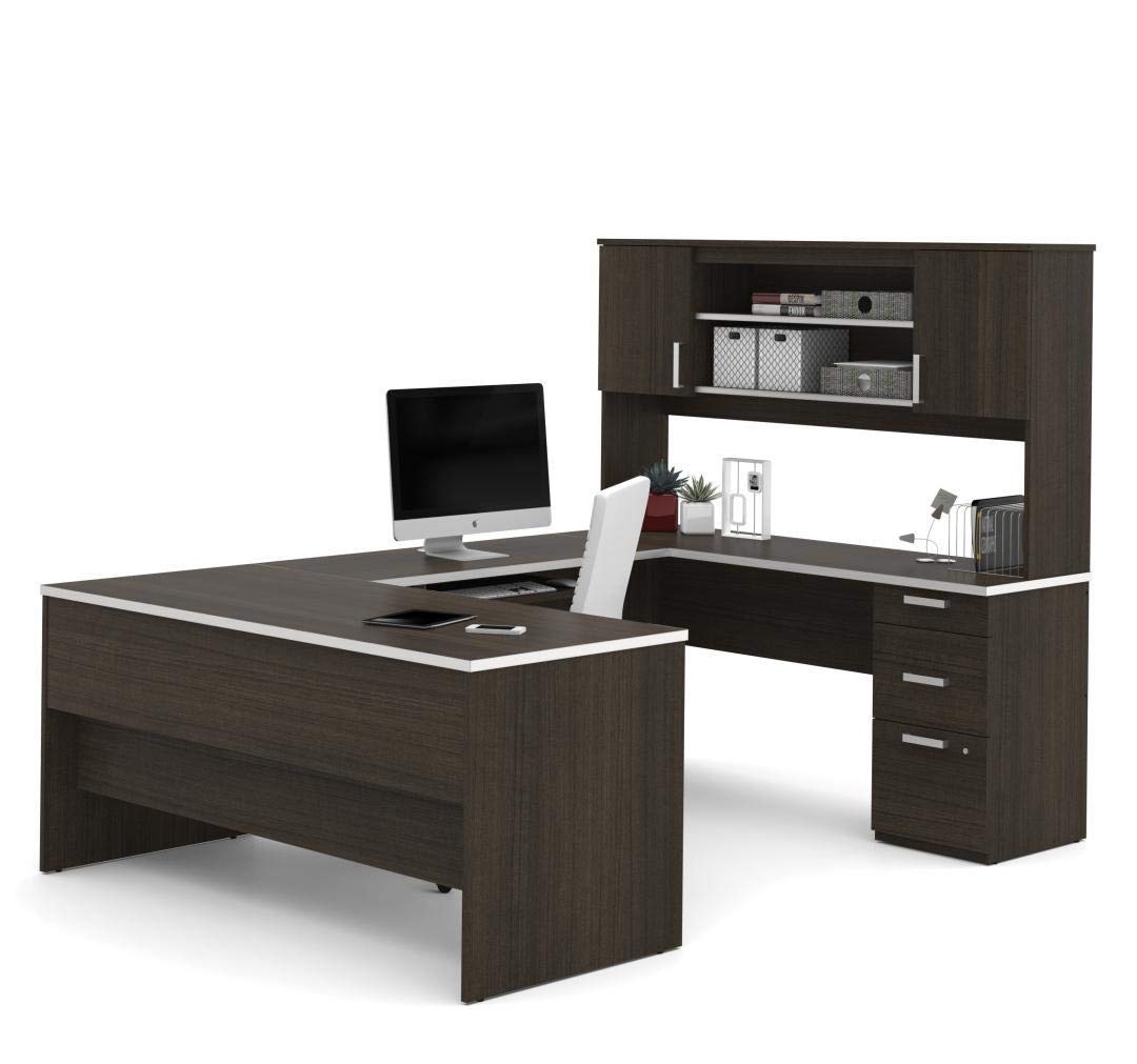 Bestar, Ridgeley Collection, Modern Executive Computer Desk with Pedestal and Hutch