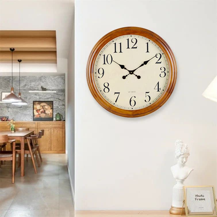 24-Inch Wood Silent Non-Ticking Battery Operated Decorative Wall Clock Brown