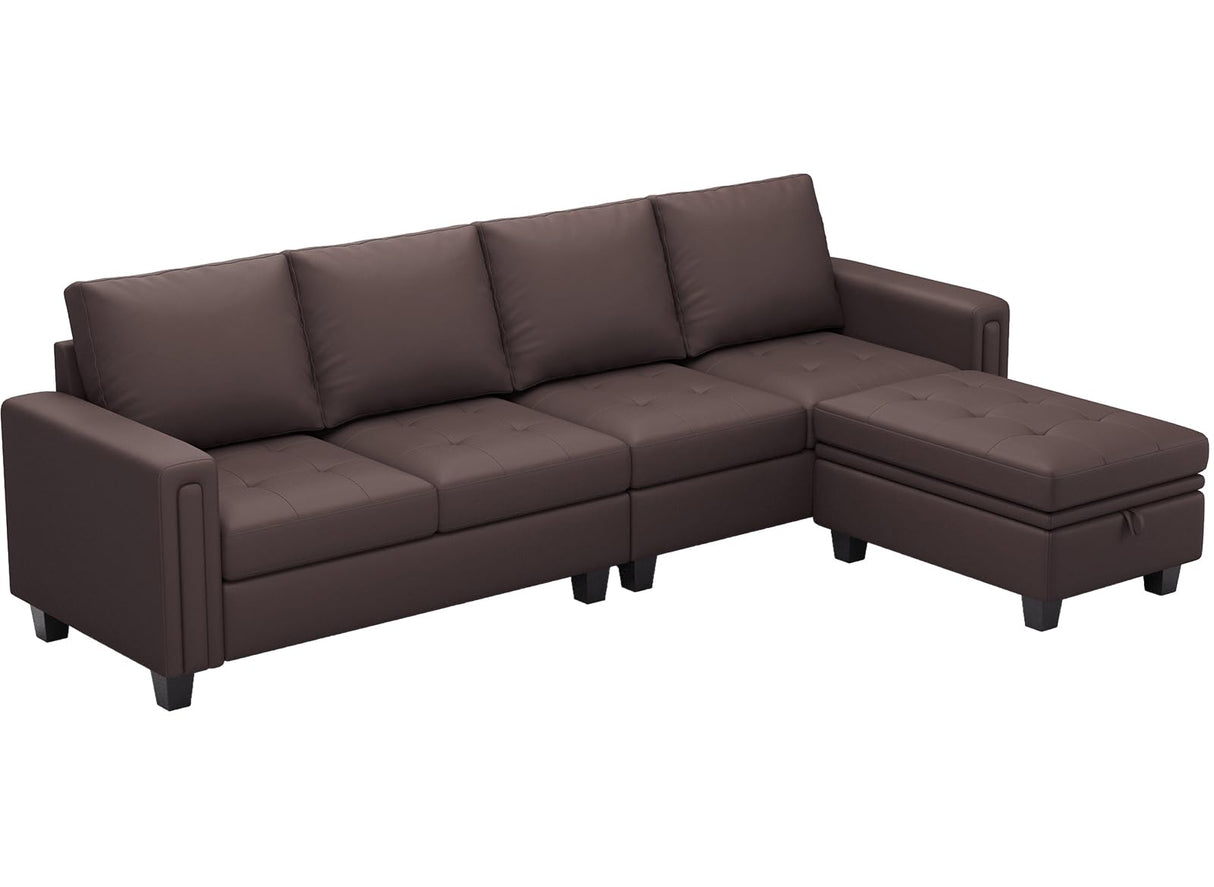 Belffin Faux Leather Convertible Sectional Sofa Couch L Shaped Couch Sofa with Reversible Chaise Leather Corner Sectional 4 Seat Sofa with Storage Ottoman Brown