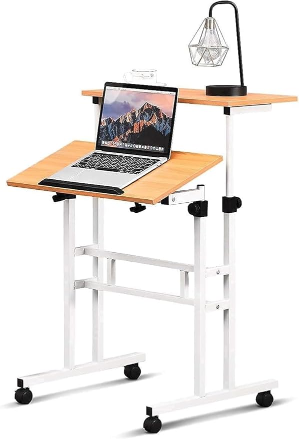 Mobile Standing Desk, Adjustable Laptop Desk with Wheels, Portable Home Office Workstation, Rolling Table Laptop Cart for Standing or Sitting, White