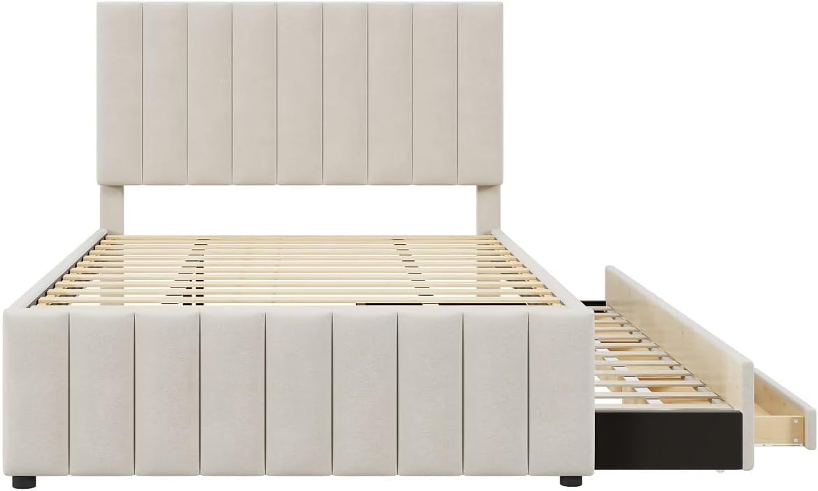 Upholstered Platform Bed with Twin Size Trundle and 3 Drawers, Linen Fabric, Beige
