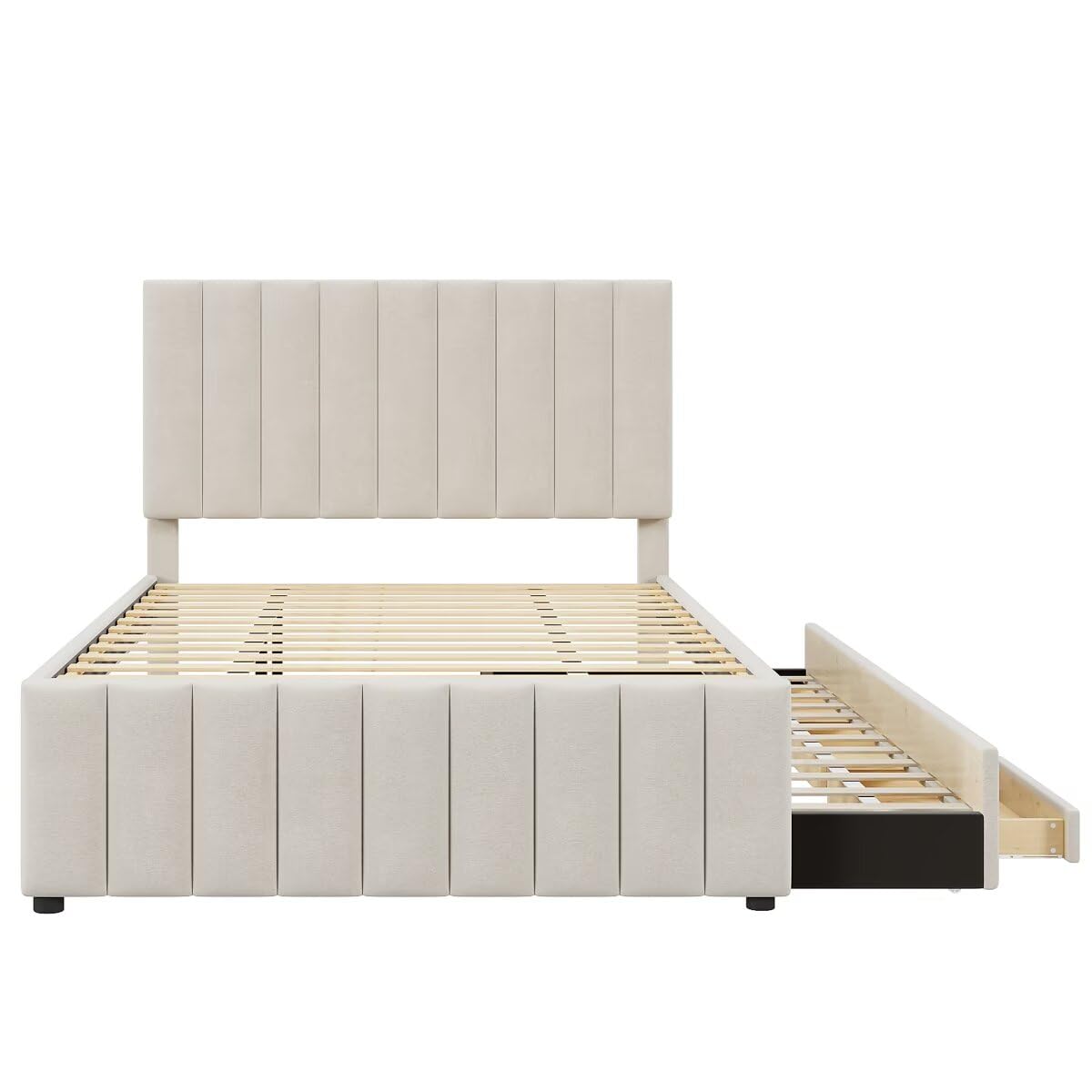 Upholstered Platform Bed with Twin Size Trundle and 3 Drawers, Linen Fabric, Beige