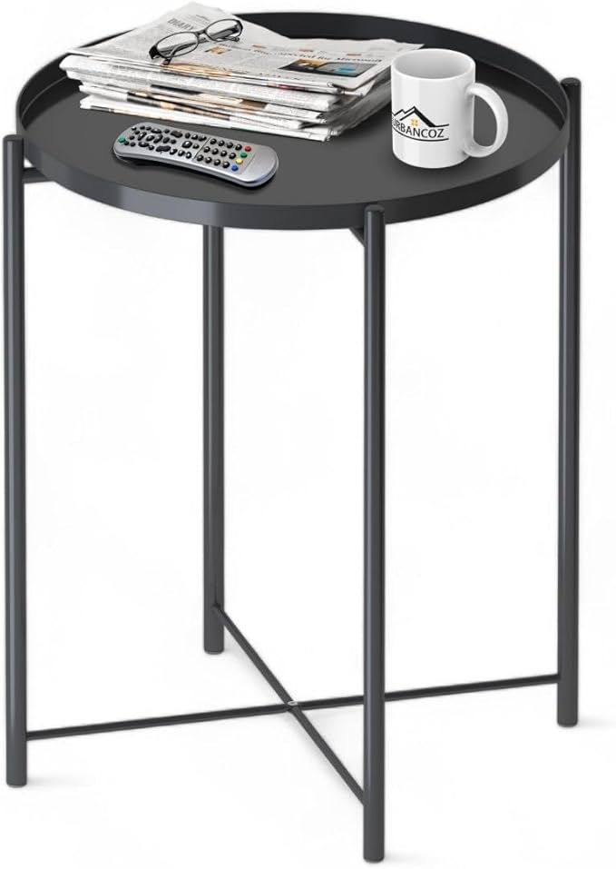 Round Small Side Table, Metal End Table with Removable Tray for Indoor Outdoor