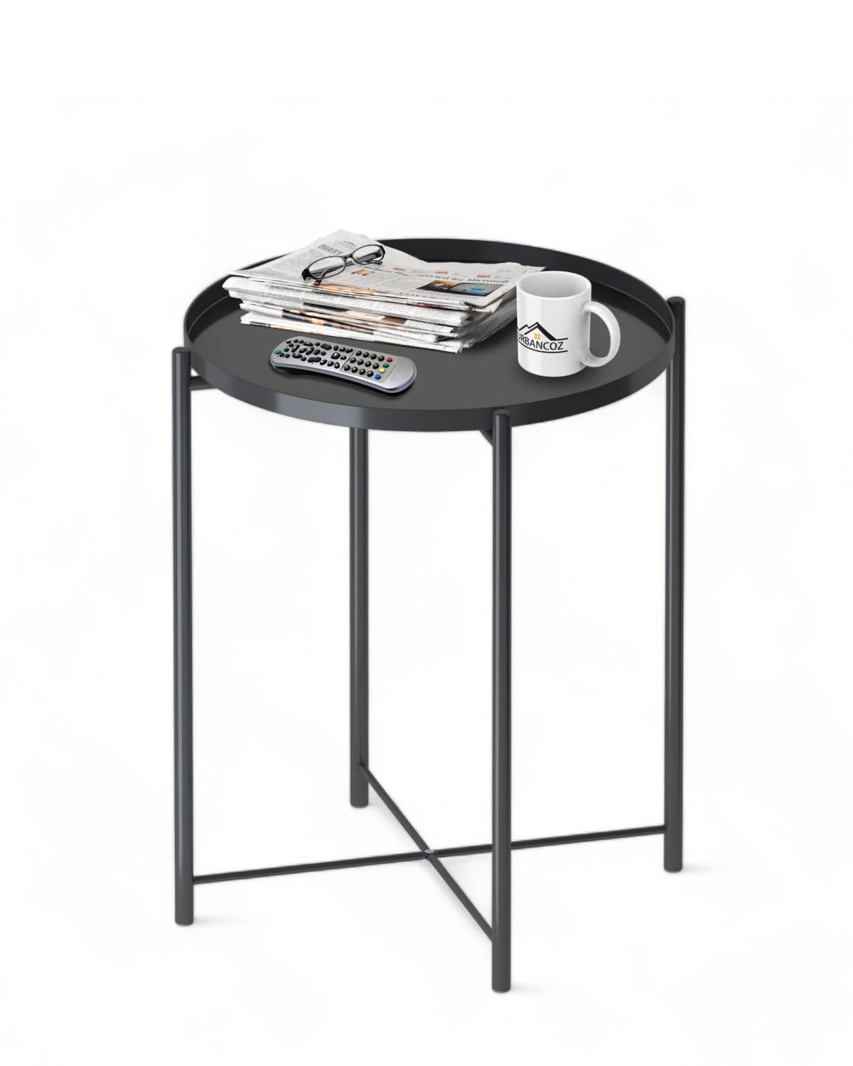 Round Small Side Table, Metal End Table with Removable Tray for Indoor Outdoor