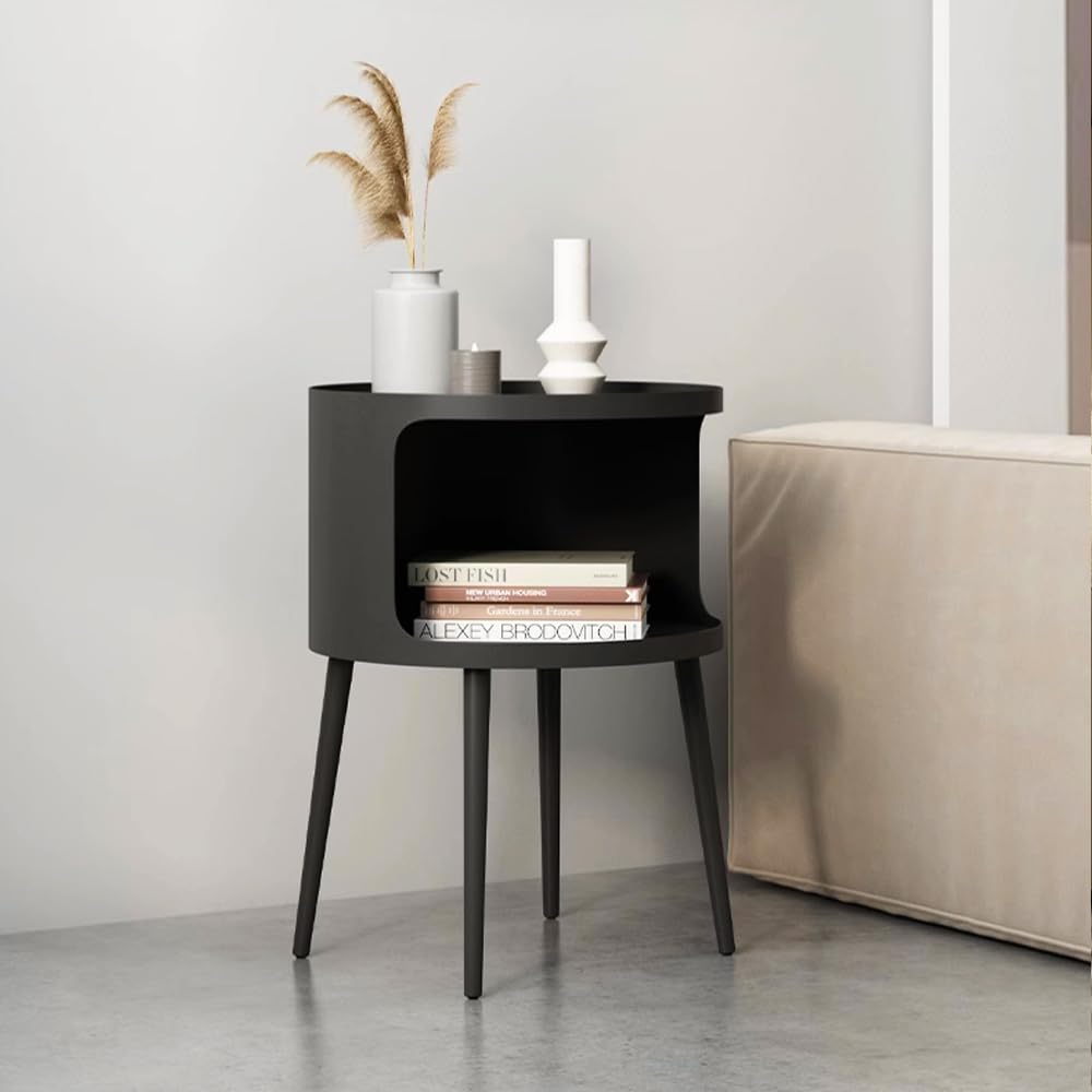 Modern Side Table, Small Round end Table with Open Storage for Small Spaces