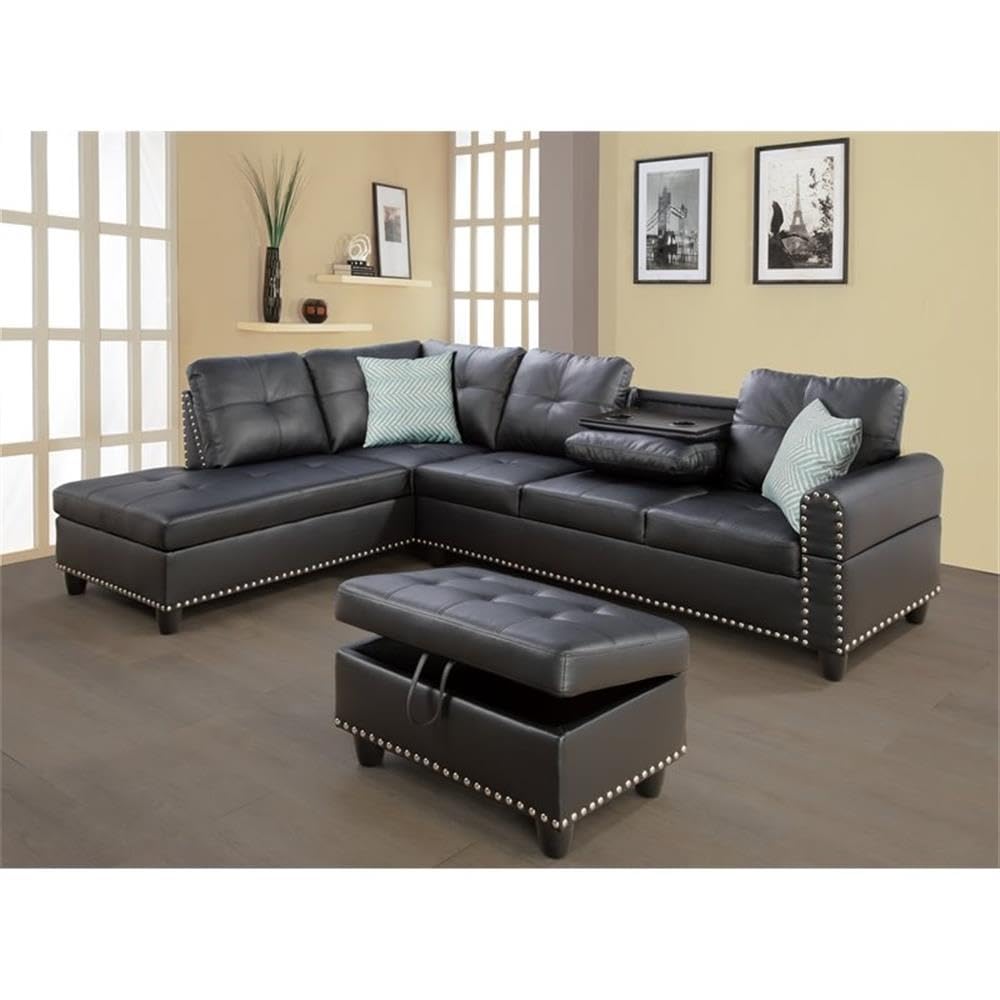Faux Leather Sectional Sofa Couch with Storage Ottoman