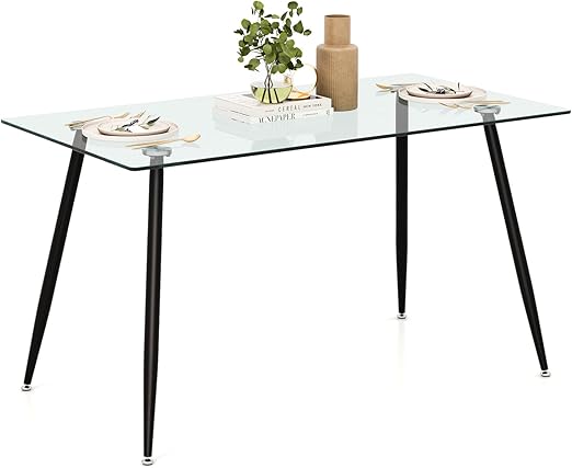 Glass Dining Table, Modern Rectangular Table with Tempered Glass Tabletop & Black