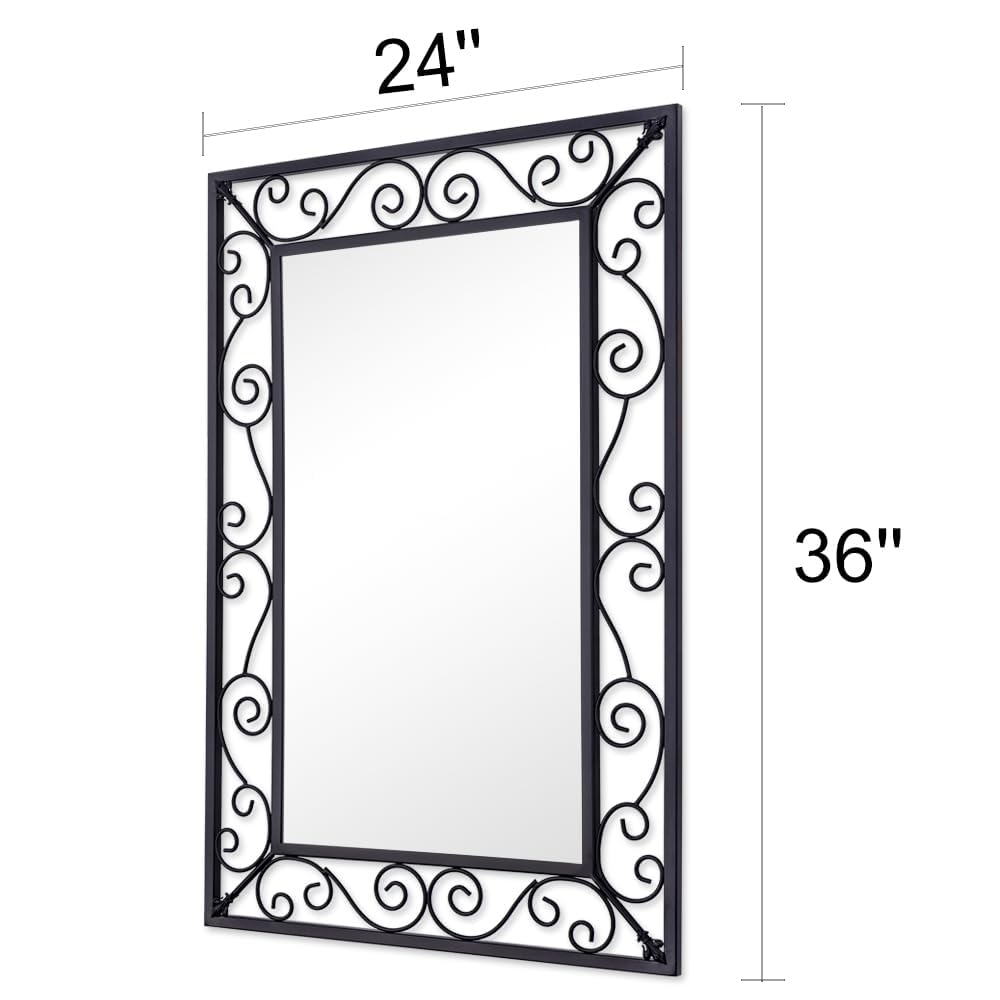 Black Metal Scroll Frame Wall Mirror 36x24 Inch