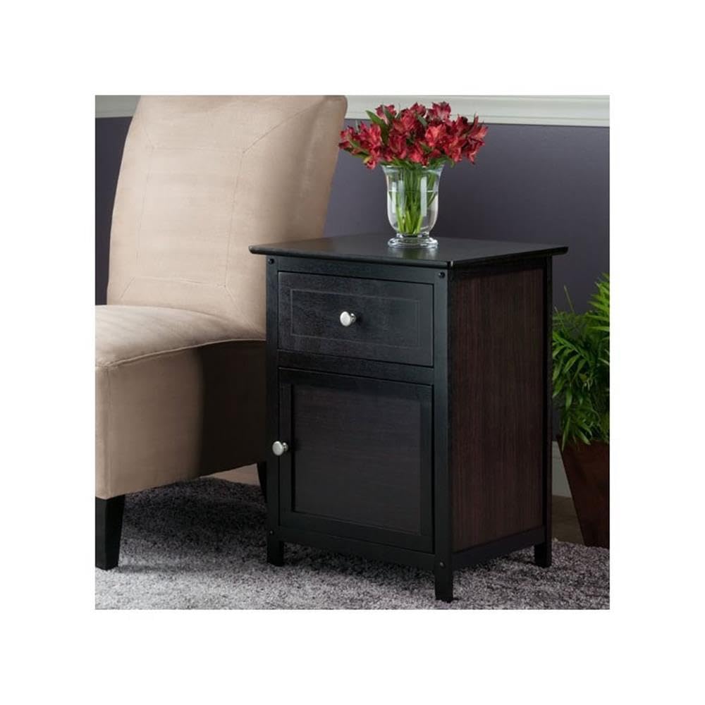 Modern 1 Drawer Wooden End Table Nightstand with Cabinet in Espresso