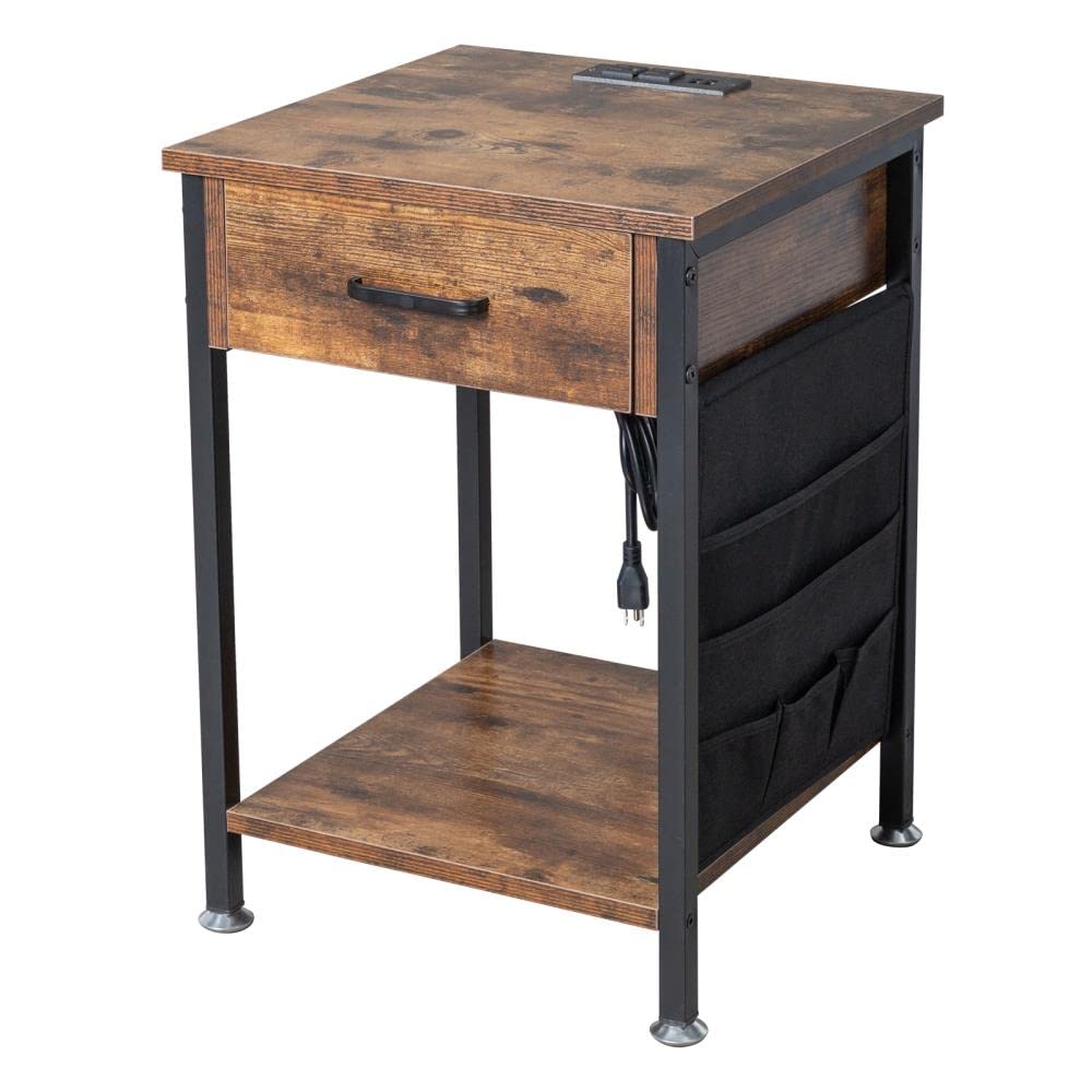 Bedside Table with USB Charging Port Removable Storage Bag & Triamine Black Pipes
