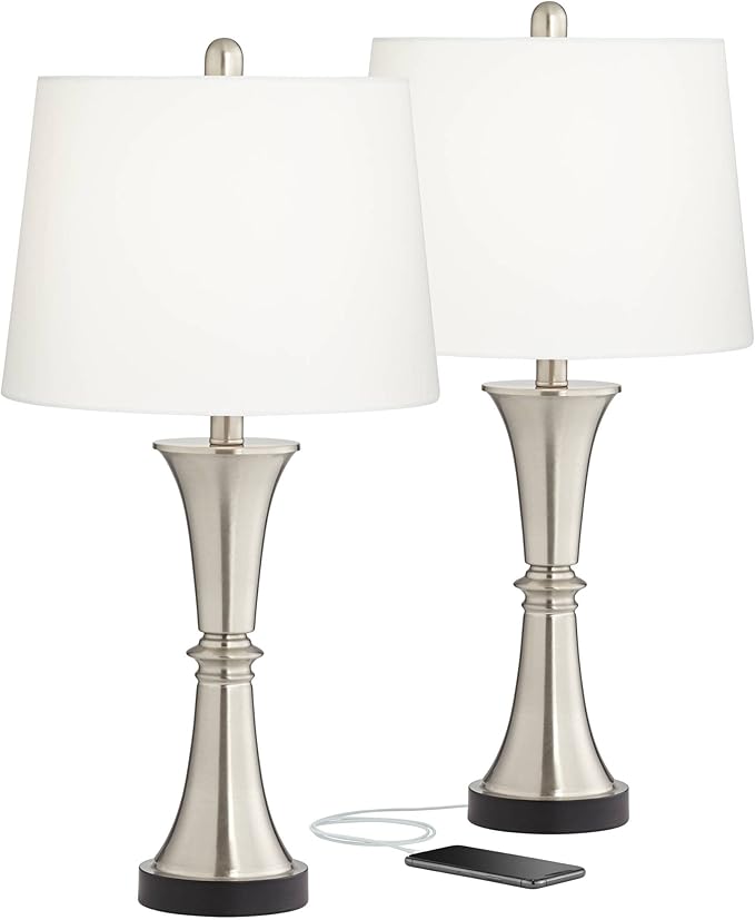 Seymore Modern Table Lamps 26" Tall Set of 2 with USB Charging Port Silver