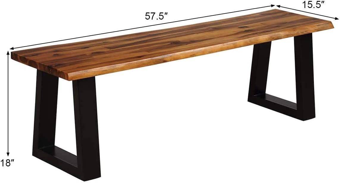 HAPPYGRILL Acacia Wood Patio Bench, Dining Picnic Bench with Metal Frame, 57.5" Wood Bench for Indoor Outdoor Garden Backyard Lawn