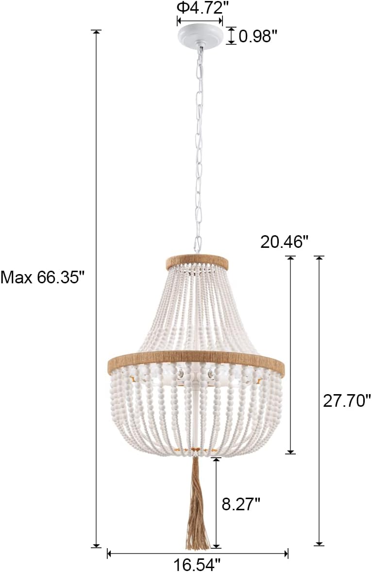 4 Lights Wood Beaded Farmhouse Chandelier with Tassels Bohemia Antique Rustic