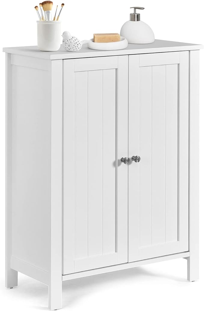 Bathroom Floor Cabinet - Freestanding Side Storage Organizer with Double Doors & Adjustable Shelf