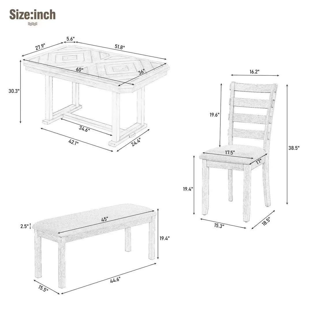 6, Rectangular Dining Table with Upholstered Chairs and Bench, 6-Piece Table Set for Dining Room and Kitchen, Retro Dining