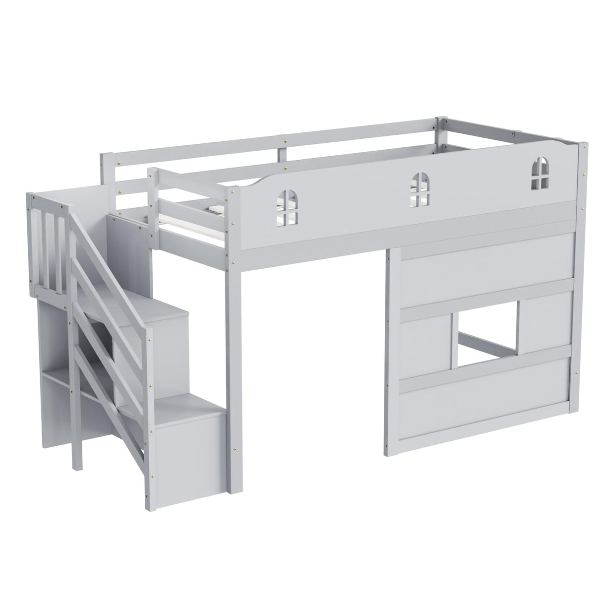 Low Loft Bed with Led Light, Loft Bed Twin Size with Castle Guardrail and Window