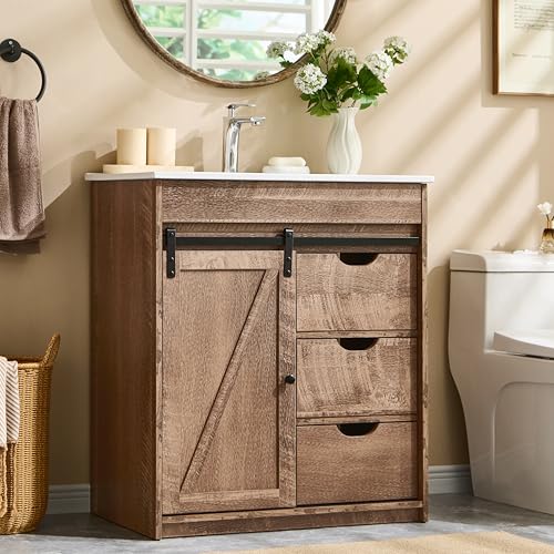 Aitjunz 30" Farmhouse Bathroom Vanity with Sink, Freestanding Modern Bathroom Storage Vanity Cabinet w/Sliding Barn Door, 3 Drawers & Adjustable Shelves, Light Brown