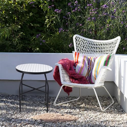 VCUTEKA Mosaic Outdoor Side Table - Small Patio Table Coffee Outside Accent Tables Round End Plant Tables for Bistro Balcony Porch Outdoor Benches 14'' White - Bircata