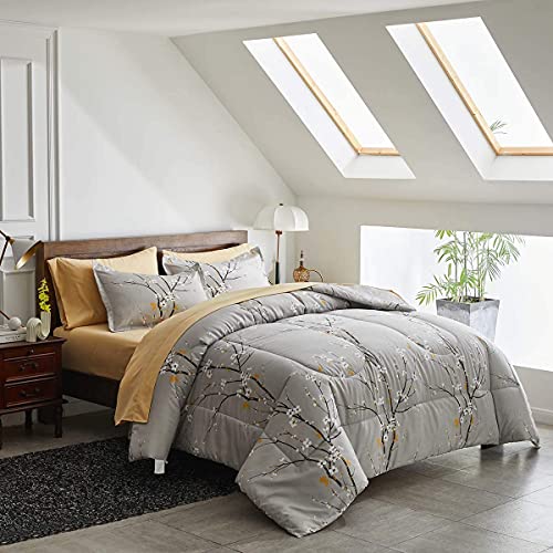 Gray Comforter Sheet Set Bed in a Bag 7 Pieces King Size Tree Branch Bloom Flower Spring Summer Bedding Set (1 Comforter 2 Pillow Shams 1 Tan Flat Sheet 1 Fitted Sheet 2 Pillowcases)