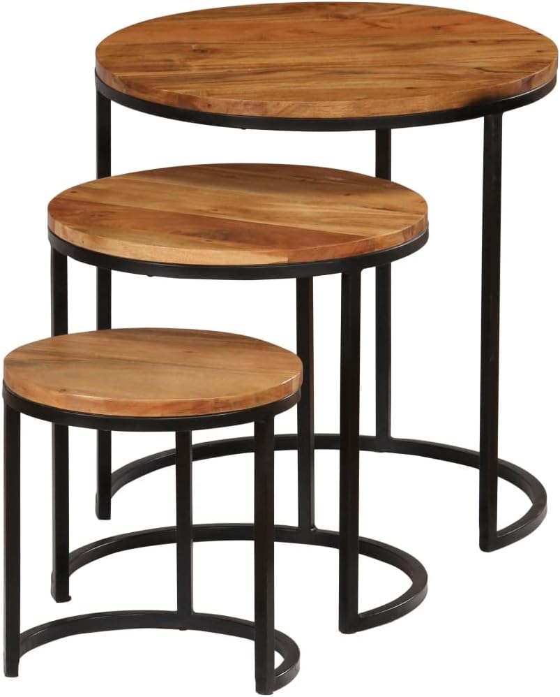 Solid Acacia Wood Coffee Table Set with Sheesham Finish - Fully Assembled 3-Piece