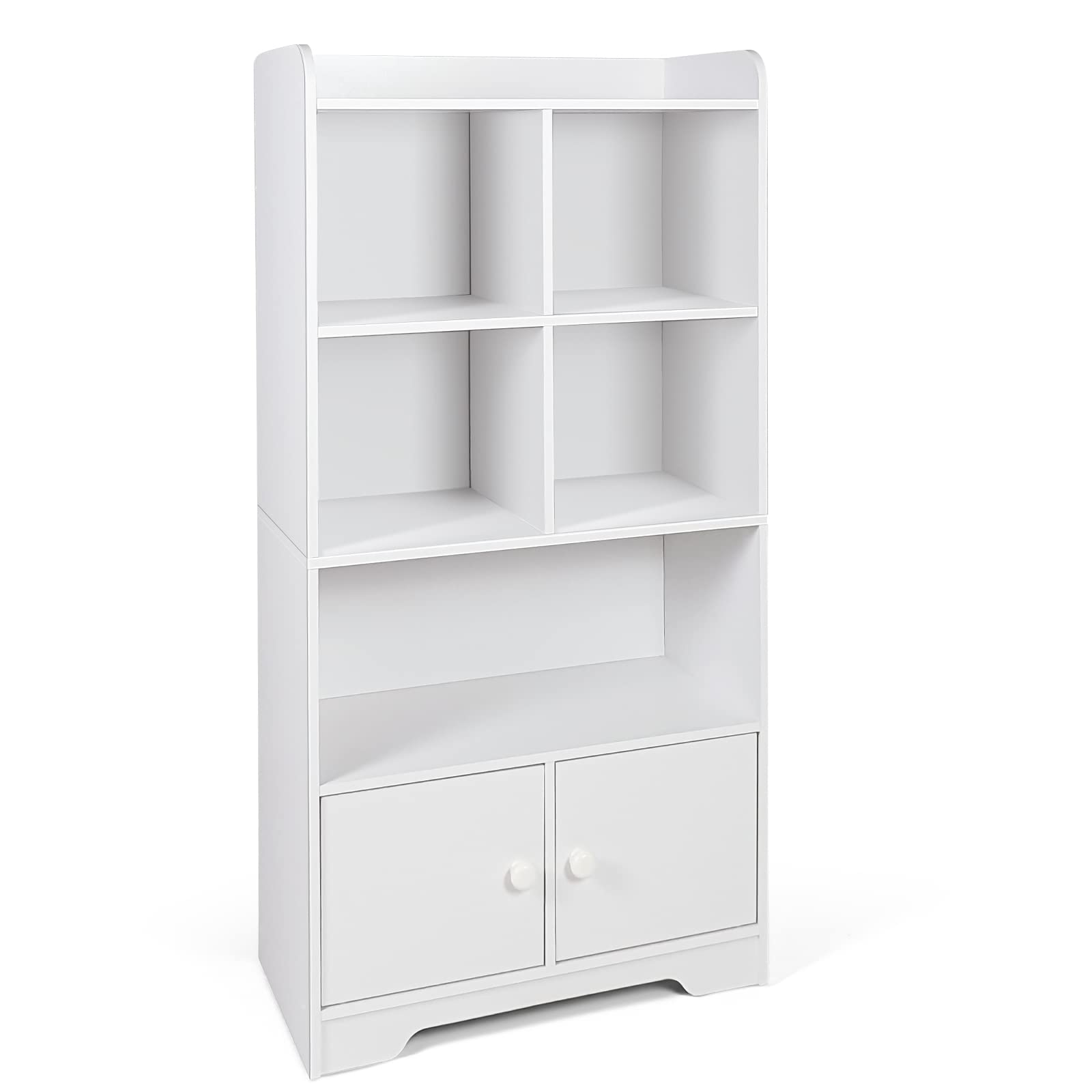 4-Tier Bookcase with Doors, 47.5" Tall Freestanding White Bookshelf with 3 Shelves