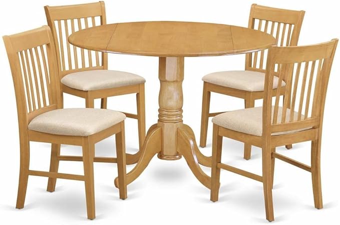 5 Piece Room Furniture Set Includes a Round Kitchen Table with Dropleaf and 4 Linen Fabric
