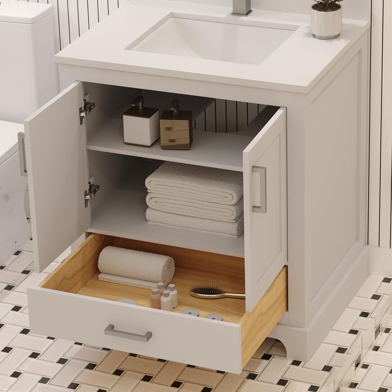 Maya 30 inch White Bathroom Vanity Set with Quartz Countertop and Brass Faucet