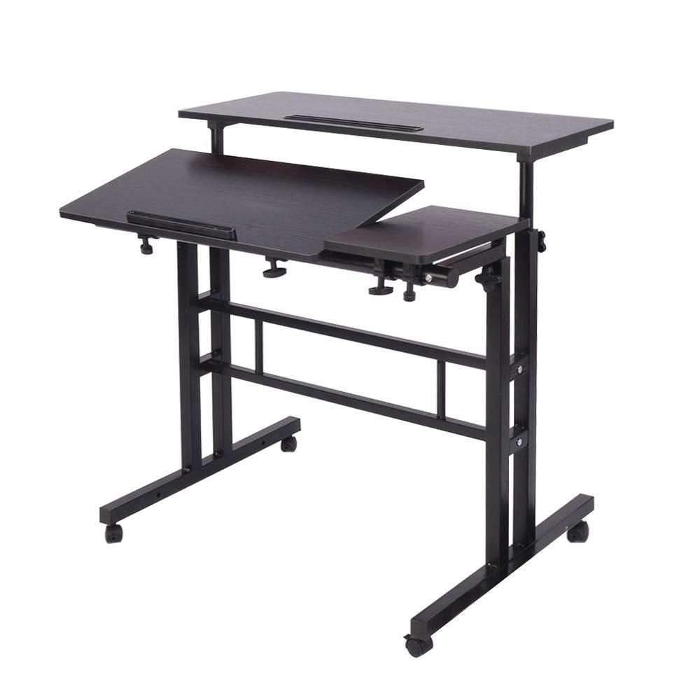 DlandHome Sit-Stand Desk Cart Mobile Height-Adjustable Sit to Stand Office Desk Riser Standing Table Workstation Mobile Desk, Black 101-2BK