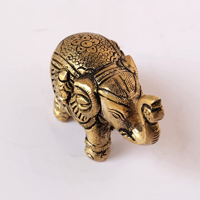Brass Elephant with Om and Kalash Good Luck Charm Religious Gifts for Home Mandir