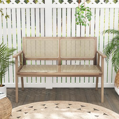 Outdoor Teak Wood Garden Bench, 2-Person Patio Bench with Armrests